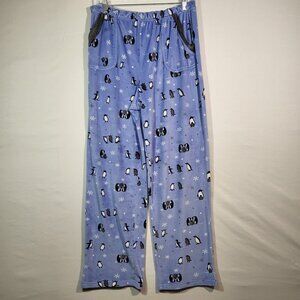 Cuddl Duds Woman's Pajama Pants Size Large Light Blue Snowflakes & Penguins